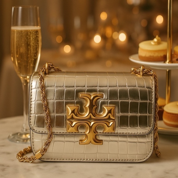 NEW Tory Burch Eleanor Gold Embossed Leather Small Convertible Shoulder Bag AUTH - Picture 1 of 16